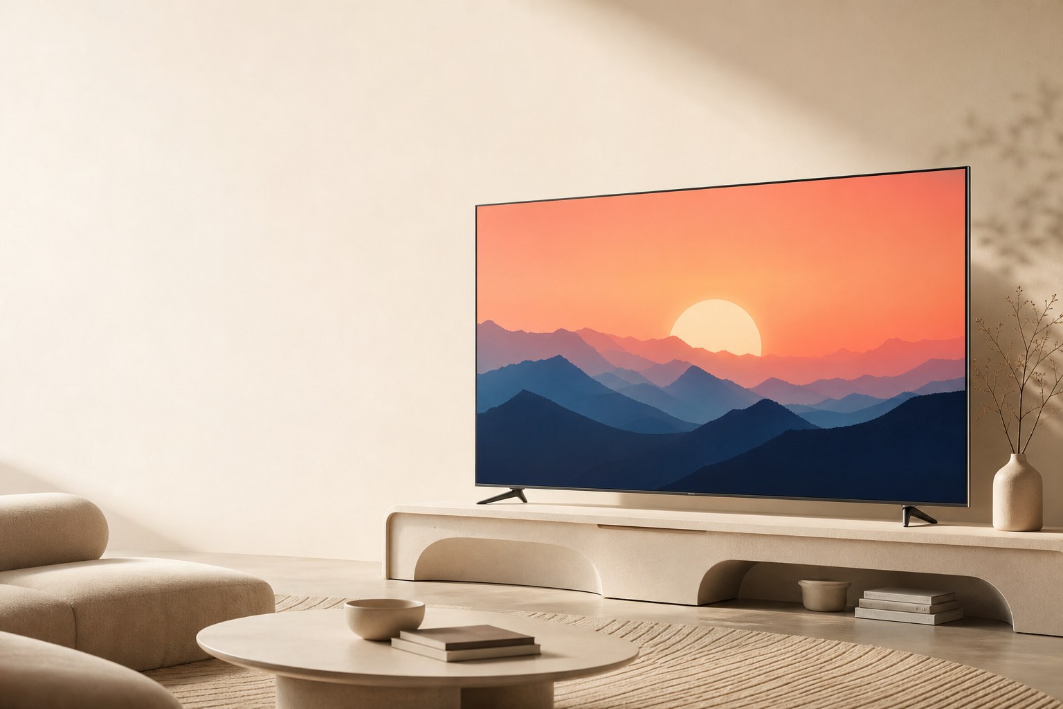 Illustration of a television in a warm, minimal living room